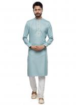 Sky Blue Art Silk Party Wear Thread Work Readymade Mens Kurta Pajama